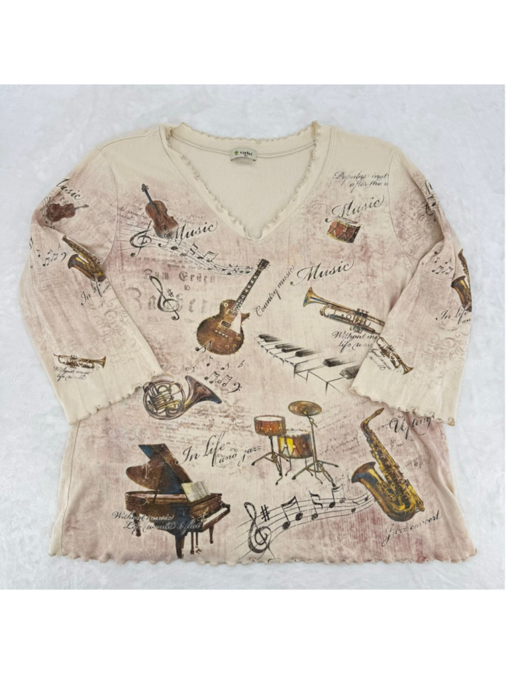 Music Top Musical Instruments Cotton Rhinestones Nashville Jazz Ruffle V-Neck
